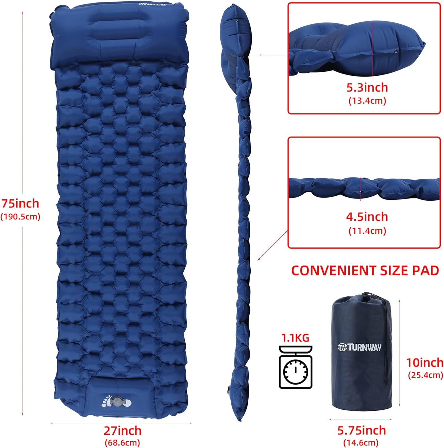 Self Inflating Camping Sleeping Pad Foot Press Inflatable Pad Air Mattress with Pillow for Backpacking, Hiking, Camping, Traveling (Blue)