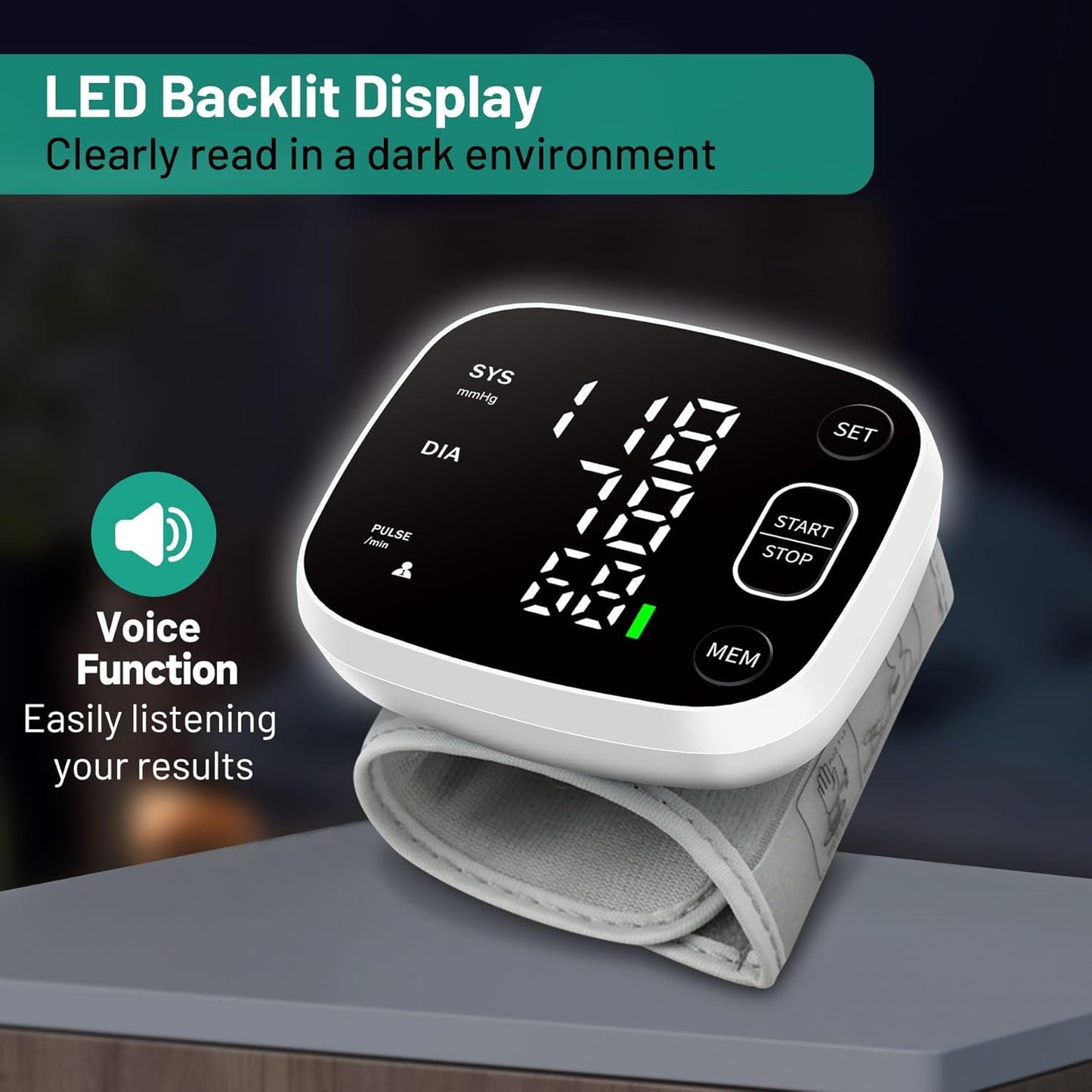 Blood Pressure Monitor Rechargeable Machine for Home Use Adjustable Wrist Cuff 4.92-8.46 inch with Voice Broadcast 2x120 Reading Memory with Carrying Case