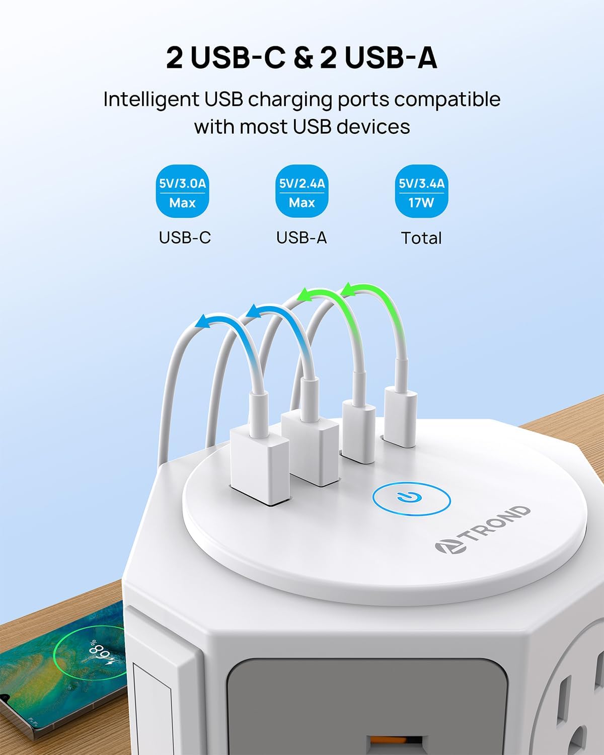 TROND Tower Power Bar Surge Protector with USB C, 14 Widely Spaced Outlets, 6ft Flat Plug Extension Cord Indoor, Vertical Desk Charging Station for Home Office Dorm Room Essentials, White