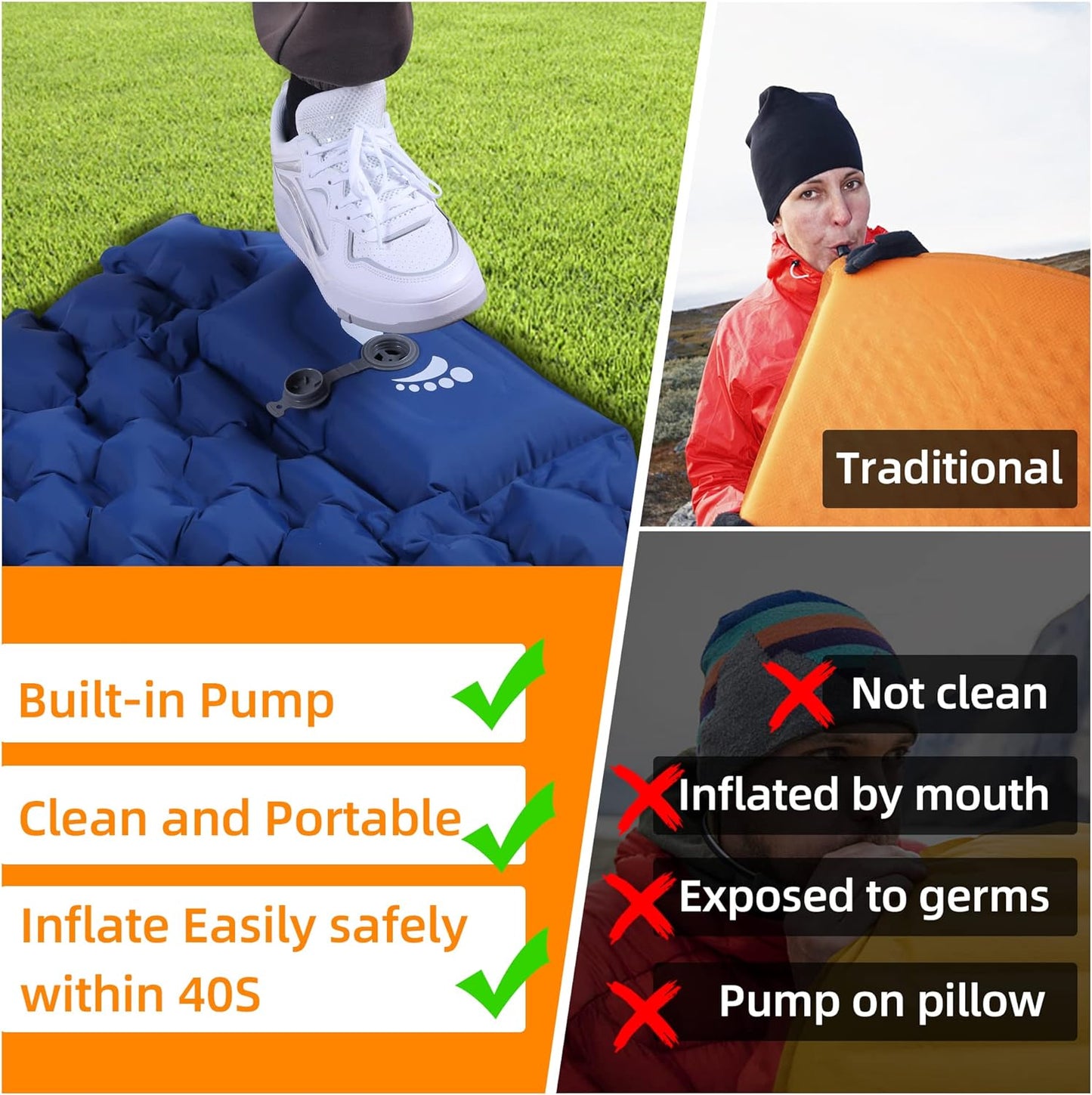 Self Inflating Camping Sleeping Pad Foot Press Inflatable Pad Air Mattress with Pillow for Backpacking, Hiking, Camping, Traveling (Blue)