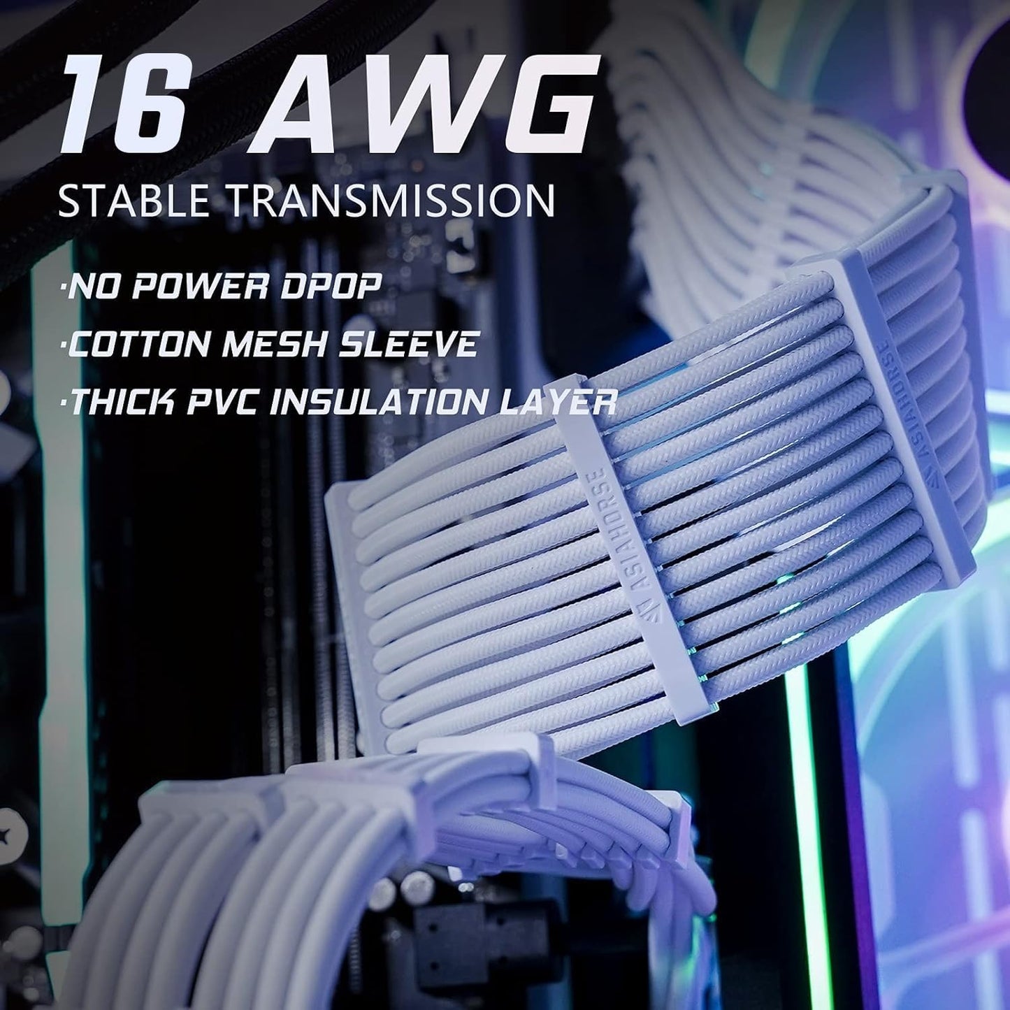AsiaHorse 18AWG PSU PSU Cable Extension Sleeved Custom Mod GPU PC Power Supply Soft Braided with Two Color Comb Kit 24P/8P to 6+2P/ 8P to 4+4P 30CM 300MM (Peal White)