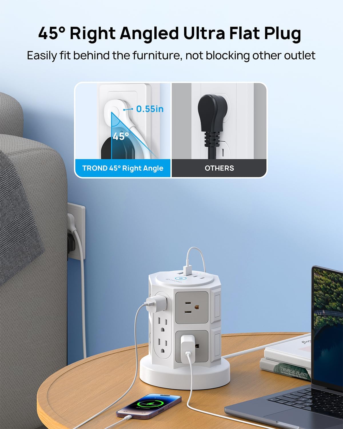 TROND Tower Power Bar Surge Protector with USB C, 14 Widely Spaced Outlets, 6ft Flat Plug Extension Cord Indoor, Vertical Desk Charging Station for Home Office Dorm Room Essentials, White