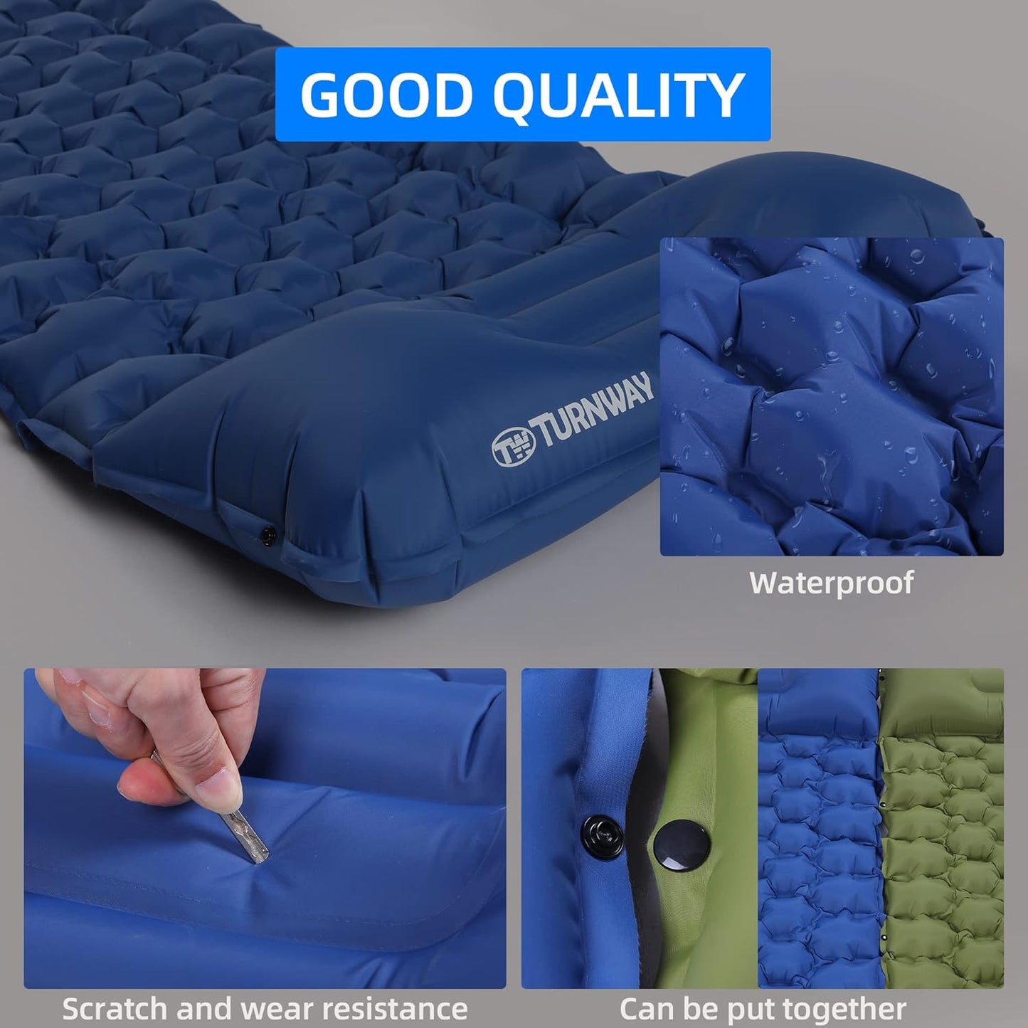 Self Inflating Camping Sleeping Pad Foot Press Inflatable Pad Air Mattress with Pillow for Backpacking, Hiking, Camping, Traveling (Blue)