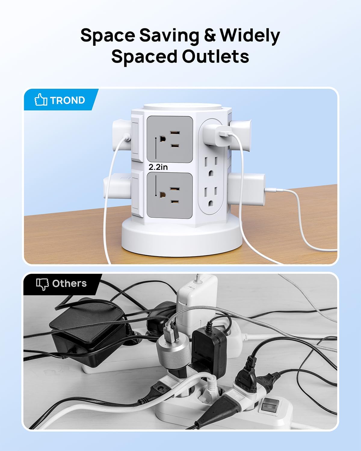 TROND Tower Power Bar Surge Protector with USB C, 14 Widely Spaced Outlets, 6ft Flat Plug Extension Cord Indoor, Vertical Desk Charging Station for Home Office Dorm Room Essentials, White
