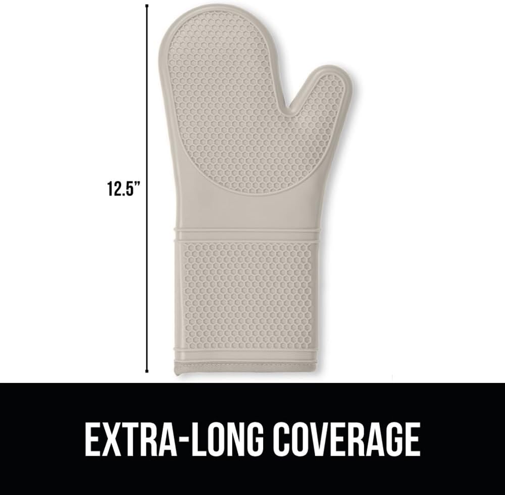 Heat Resistant Silicone Oven Mitts Set, Soft Quilted Lining, Extra Long, Waterproof Flexible Gloves for Cooking and BBQ, Kitchen Mitt Potholders, Easy Clean, Set of 2, Almond