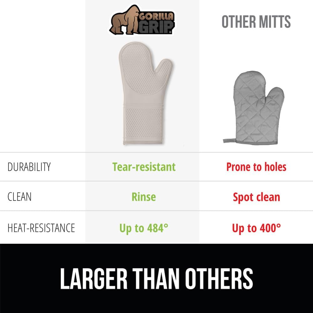 Heat Resistant Silicone Oven Mitts Set, Soft Quilted Lining, Extra Long, Waterproof Flexible Gloves for Cooking and BBQ, Kitchen Mitt Potholders, Easy Clean, Set of 2, Almond