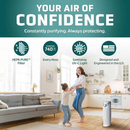 GermGuardian Air Purifier for Home with HEPA Pure Filter, for Wildfire Smoke, Pet Dander, Pollen, Odors, Large Rooms Up To 743 Sq. Ft., Removes 99.97% Pollutants, UV-C Light, 22", AC4825W, White