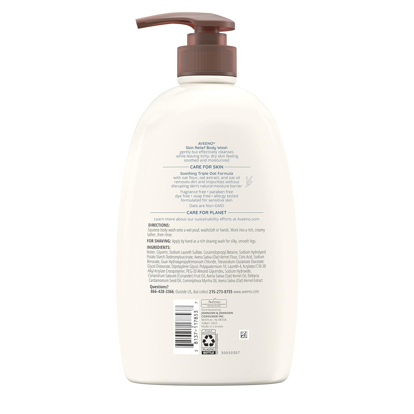 Aveeno Skin Relief Fragrance Free Body Wash, Triple Oat Formula, Gentle Daily Cleanser for Itchy Dry Sensitive Skin, Soap & Paraben Free, Soothes Skin, Dermatologist Recommended Brand, 33 fl oz