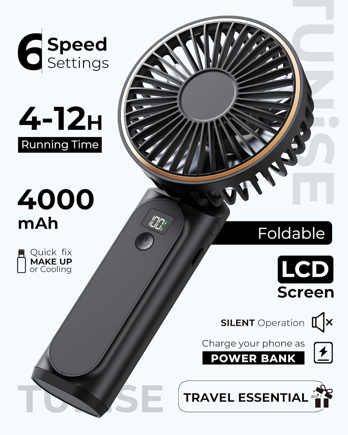 TUNISE Portable Handheld Fan, Portable Fan Rechargeable, 4000mAh, 180° Adjustable, 6 Speed Wind, Display Electricity in Real Time, USB Rechargeable Foldable Fan, Quiet Personal Fan