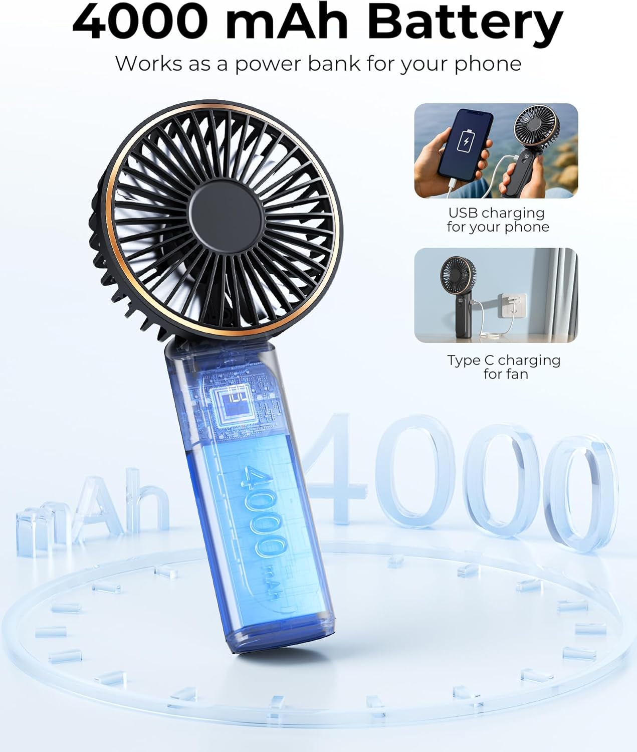 TUNISE Portable Handheld Fan, Portable Fan Rechargeable, 4000mAh, 180° Adjustable, 6 Speed Wind, Display Electricity in Real Time, USB Rechargeable Foldable Fan, Quiet Personal Fan