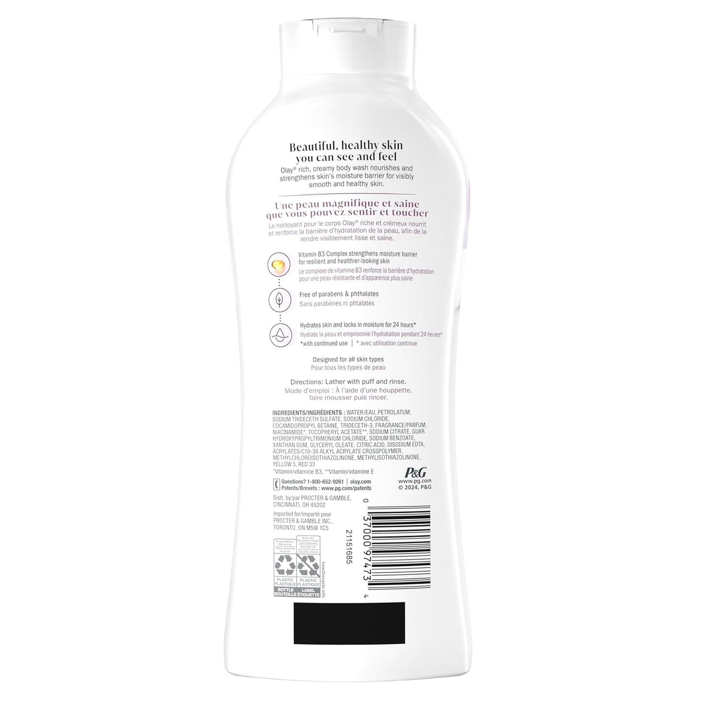 Olay Body Wash for Women, Age Defying with Vitamin E, 24hr Moisturizing, Hydrating & Refreshing, B3 Vitamin Complex, Free of Parabens & Phthalates, For All Skin Types, Scented, 22 fl oz (Pack of 4)