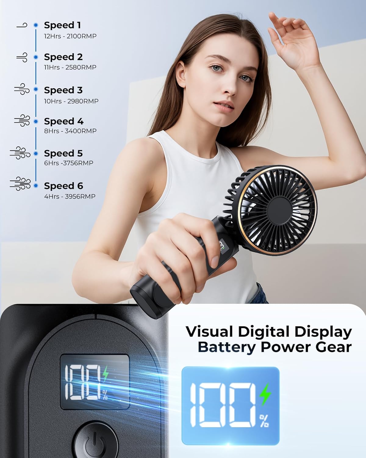 TUNISE Portable Handheld Fan, Portable Fan Rechargeable, 4000mAh, 180° Adjustable, 6 Speed Wind, Display Electricity in Real Time, USB Rechargeable Foldable Fan, Quiet Personal Fan