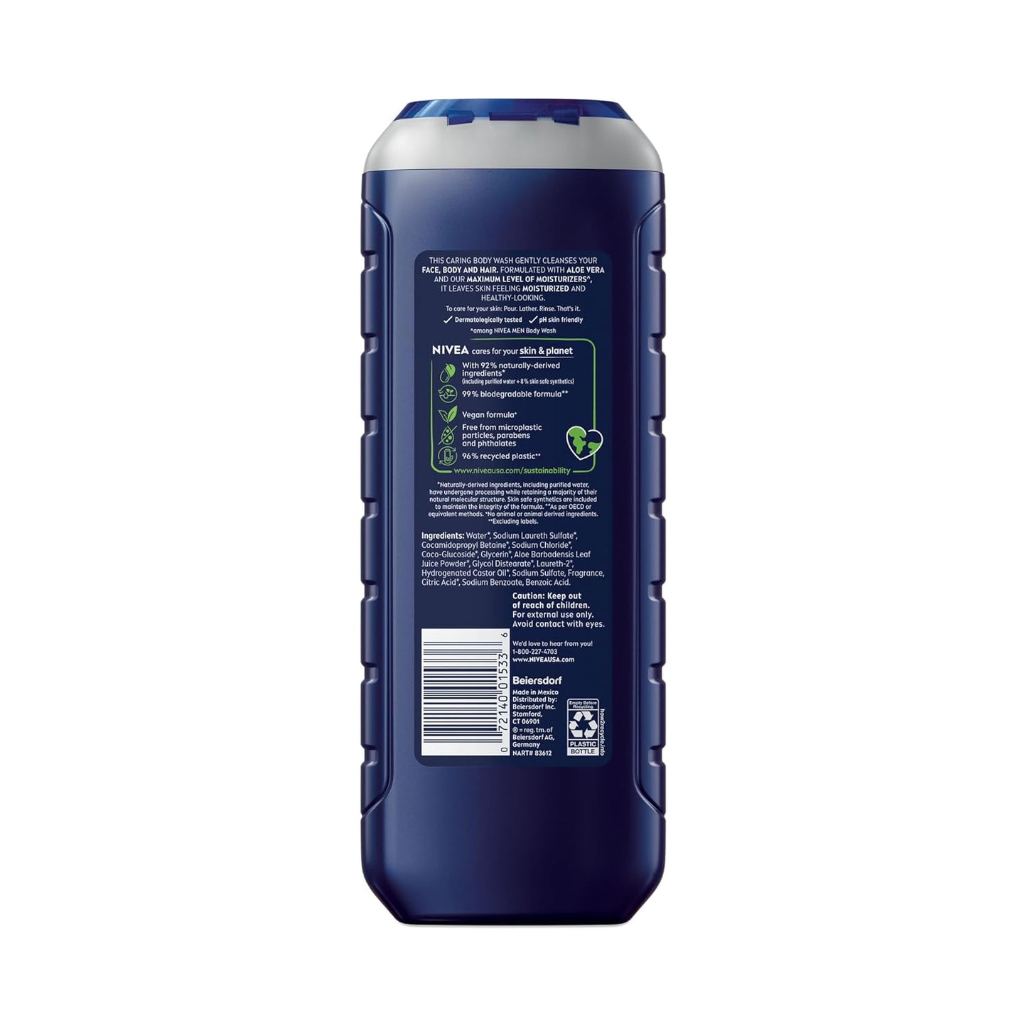 Nivea Men Maximum Hydration Body Wash for Dry Skin, Aloe Vera Enriched, 3-in-1 Moisturizing Body Wash, Face and Hair, Paraben Free, Vegan Formula, 16.9 Fl Oz Bottle, Pack of 3