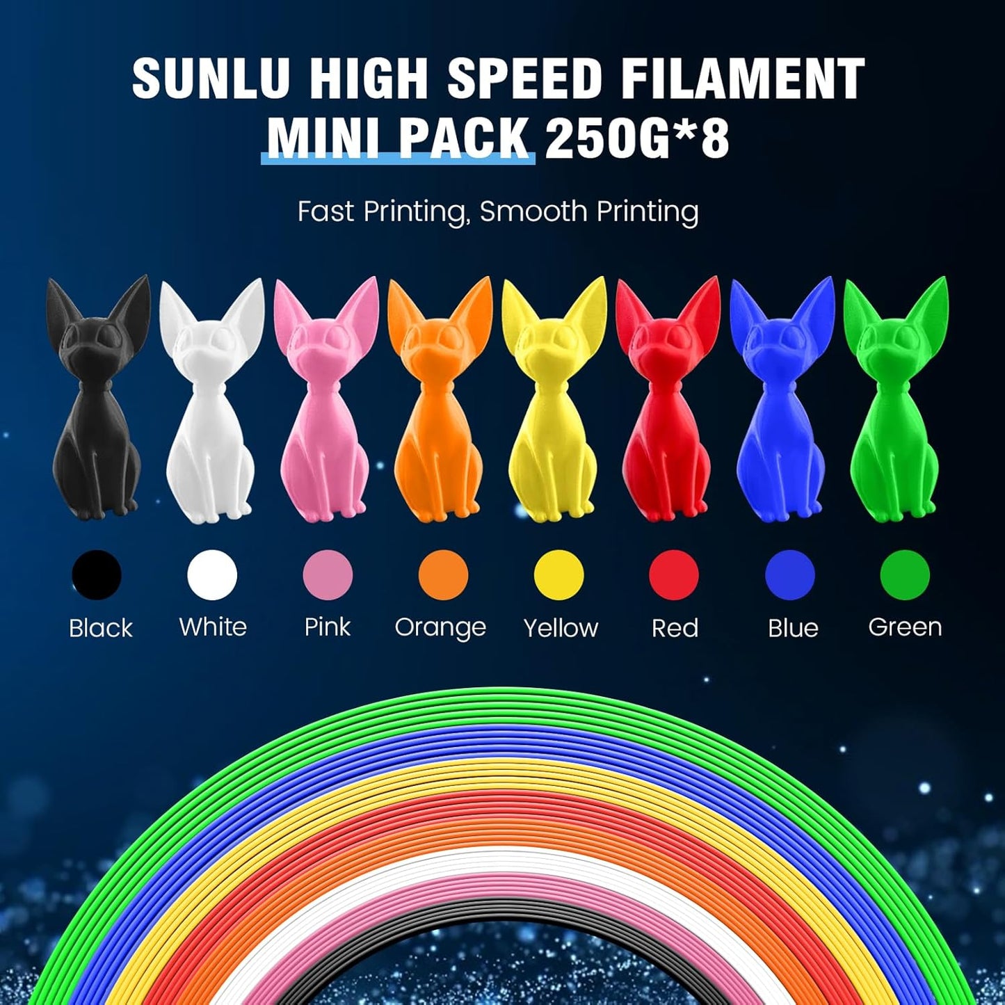 SUNLU High Speed PLA Filament Mini Pack, 30mm/s - 600mm/s Print Range, High Flow Speedy 3D Printer PLA Filament Bundle, 250g/Spool, Black+White+Green+Blue+Red+Orange+Yellow+Pink