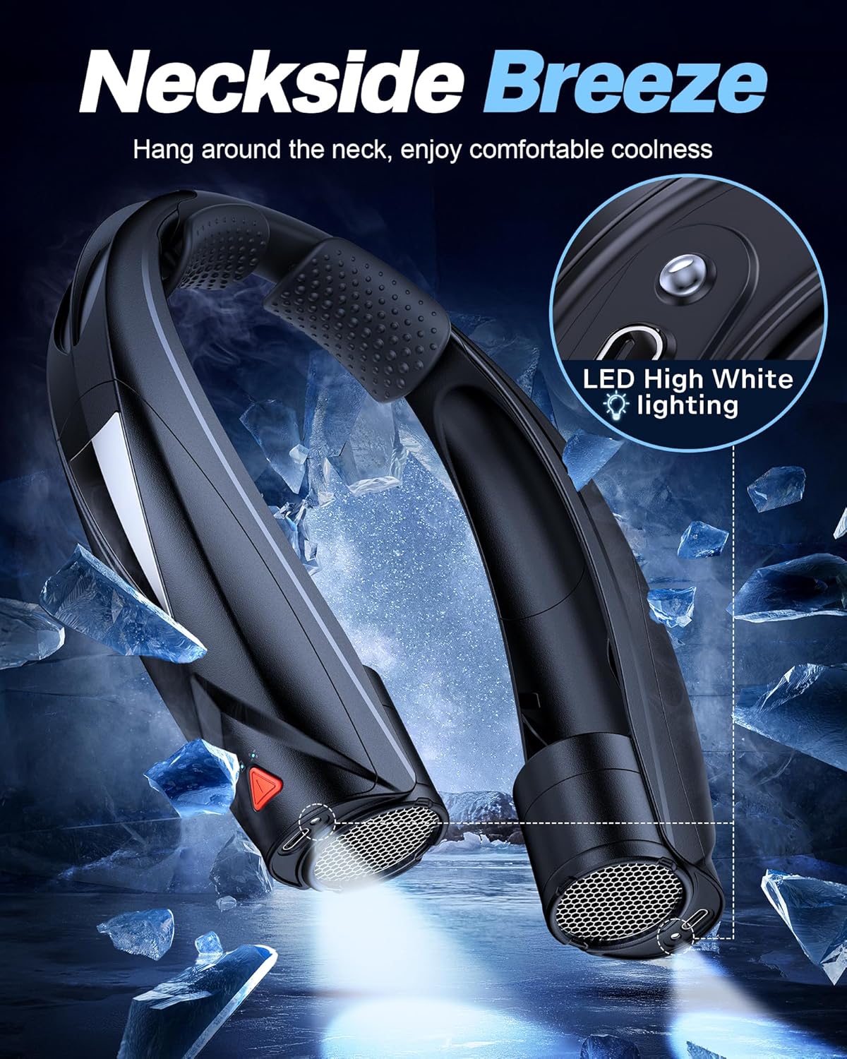 Portable Neck Fan - with LED Light, 6-20 Hrs Long Battery, 6-Speed Adjustable, USB-C Rechargeable, Ultra Quiet, Hands-Free Personal Cooling for Men Women Outdoor Indoor