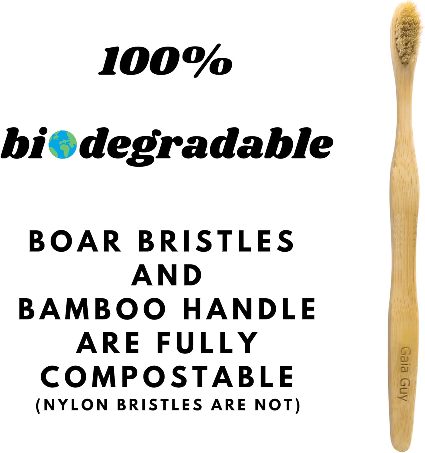 Gaia Guy Natural Bristle Bamboo Toothbrush with Boar Bristles - Totally Biodegradable and Compostable - No Nylon Toothbrushes - Zero Waste 12-Pack