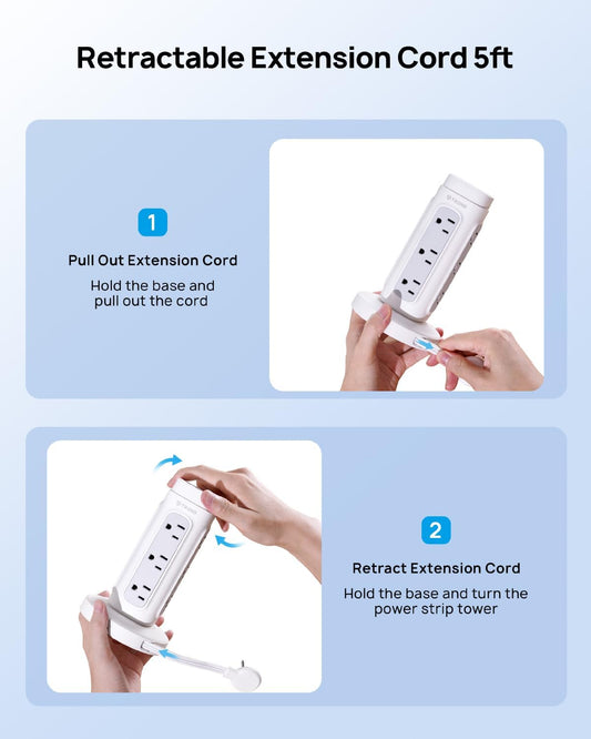 TROND Tower Power Bar Surge Protector with PD 20W USB C, 5ft Retractable Flat Plug Extension Cord Indoor, 12 Widely Spaced Outlets, Vertical Charging Station, Home Office Dorm Room Essentials, White - PuriLite