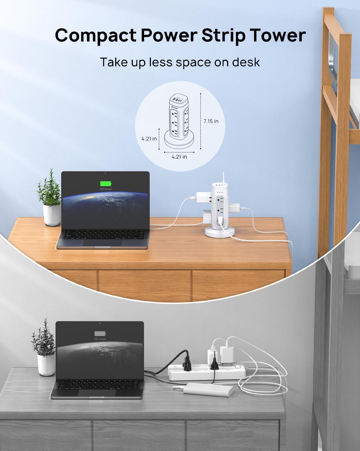TROND Tower Power Bar Surge Protector with PD 20W USB C, 5ft Retractable Flat Plug Extension Cord Indoor, 12 Widely Spaced Outlets, Vertical Charging Station, Home Office Dorm Room Essentials, White