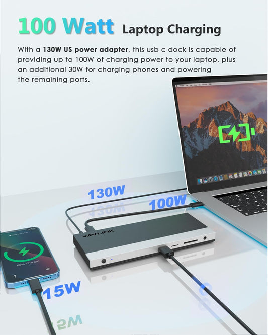 WAVLINK 4K USB-C Docking Station with 100W Power Delivery, Triple Display with Dual HDMI, Displayport, USB 3.0, Ethernet, Micro SD/SD Card Reader, Audio Mic Jack, Universal Dock for Windows & Mac - PuriLite