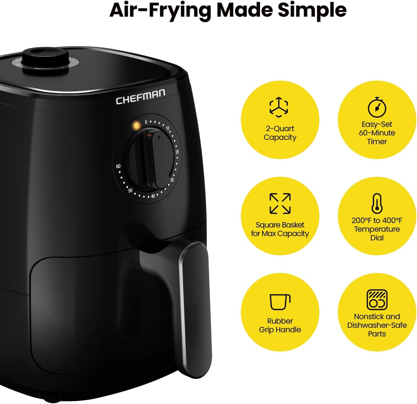 Chefman TurboFry 2-Quart Air Fryer, Dishwasher Safe Basket & Tray, Use Little to No Oil For Healthy Food, 60 Minute Timer, Fry Healthier Meals Fast, Heat And Power Indicator Light, Temp Control, Black