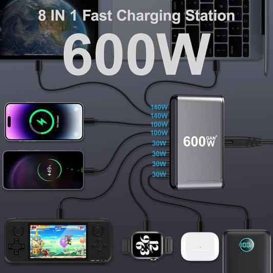 600W USB C Charger Block – GaN III 8-Port Fast Charging Station – PD 3.1 140W Laptop Charger – 2×140W + 2×100W USB-C – 3×USB-A - PuriLite