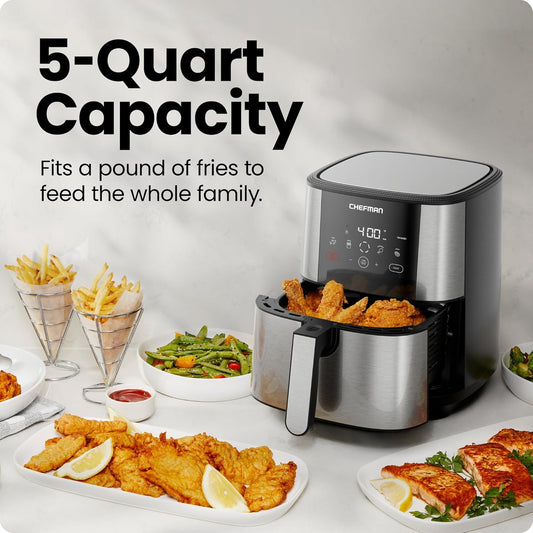 Chefman TurboFry Touch Air Fryer, Large 5-Quart Family Size, One Touch Digital Control Presets, French Fries, Chicken, Meat, Fish, Nonstick Dishwasher-Safe Parts, Automatic Shutoff, Stainless Steel - PuriLite