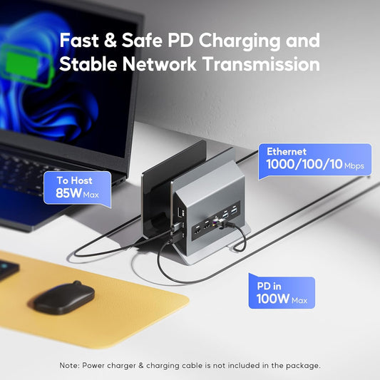 USB-C Laptop Docking Station Dual Monitor – 11-in-1 Vertical Dock Stand – Dual 4K HDMI – 10Gbps USB-C & USB-A – Gigabit Ethernet – PD 100W - PuriLite
