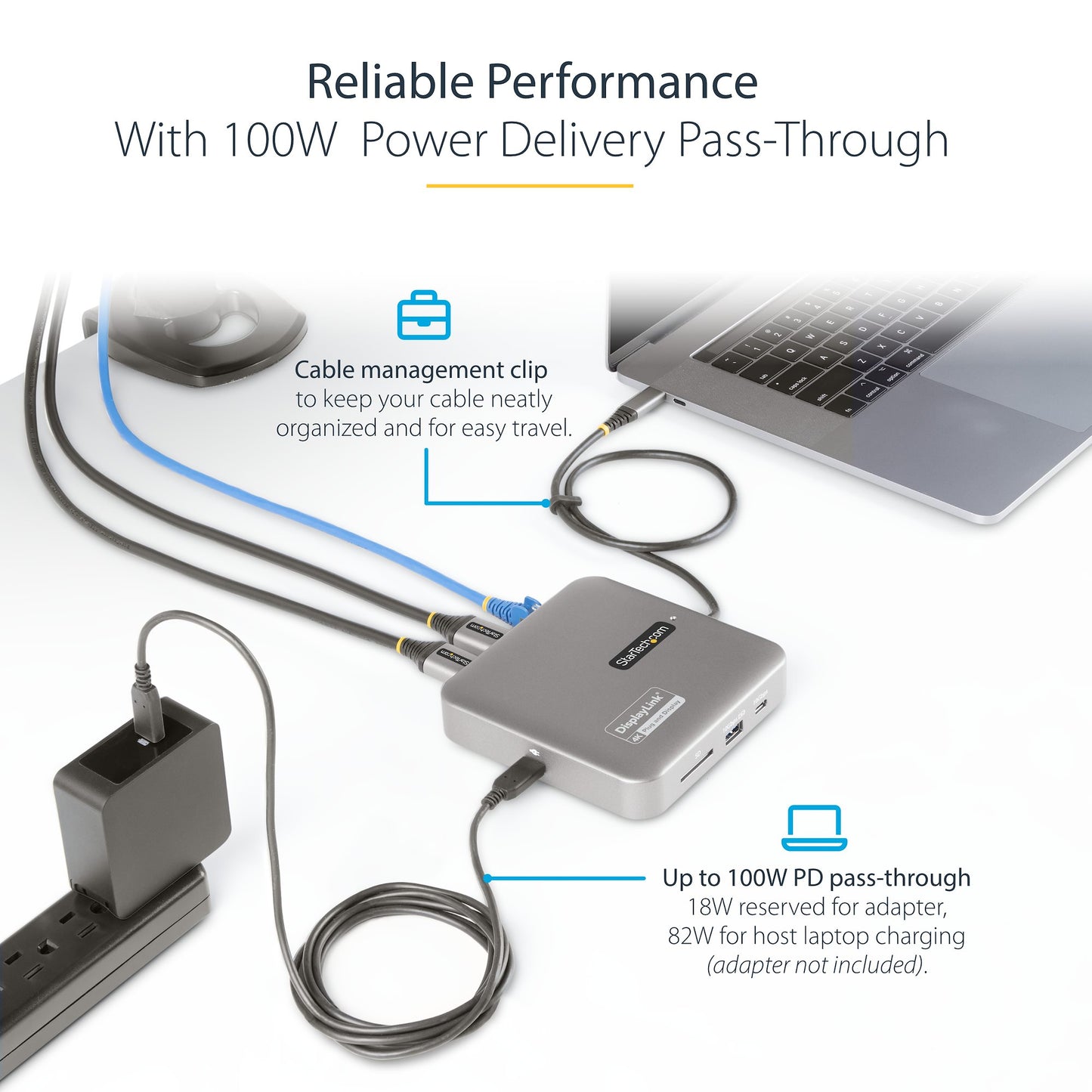 USB-C Multiport Adapter, Dual HDMI Video, 4K 60Hz, 2-Port USB-A/USB-C 10Gbps Hub, 100W PD, GbE, SD, 22" (56cm) Cable, Travel Dock, Docking Station