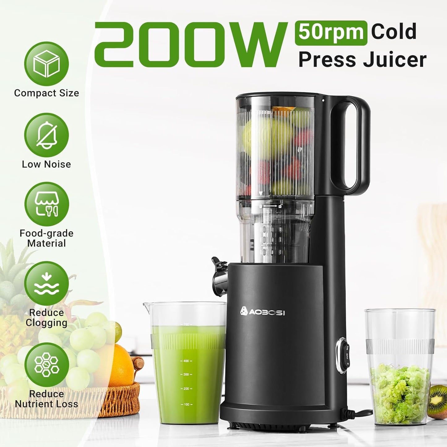 Slow Cold Press Juicer Machine: Electric Masticating Juicer Extractor Easy Clean - Whole Fruit Vegetable Juice Maker - Cold Pressed Slow Blender Juicer with Wide Large Chute Mouth