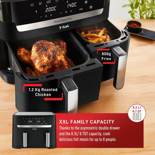 T-fal Easy Fry 7-in-1, with 2 Baskets, 8.3-qt (7.8L), 2-different sized drawers Dual Air fryer, Air Fry, Extra Crisp, Roast, Bake, Reheat, Dehydrate, Sync Mode, Dishwasher Safe Baskets, Black & Metal - PuriLite