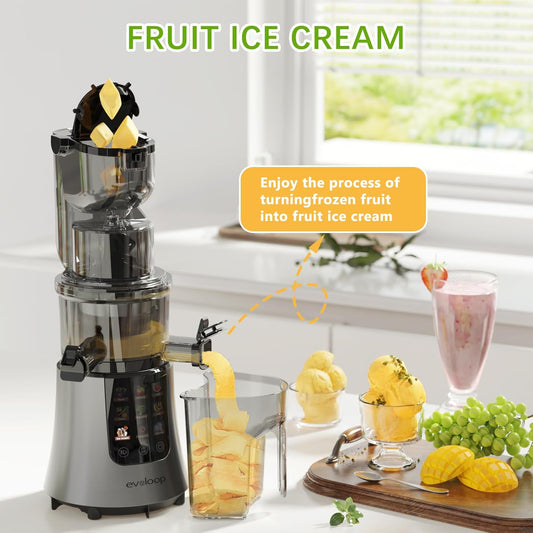 Cold Press Juicer Machines, 2-in-1 Masticating Juicer for Juice & Ice Cream, 200W Touchscreen Slow Juicer Extractor with 3.2" Feed Chute for Fruits and Vegetables, Easy to Clean with Brush - PuriLite