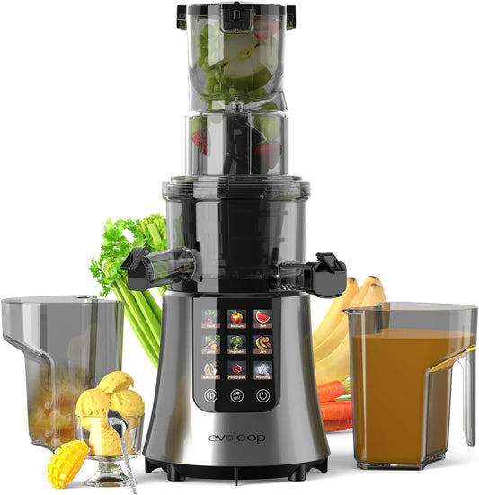Cold Press Juicer Machines, 2-in-1 Masticating Juicer for Juice & Ice Cream, 200W Touchscreen Slow Juicer Extractor with 3.2" Feed Chute for Fruits and Vegetables, Easy to Clean with Brush