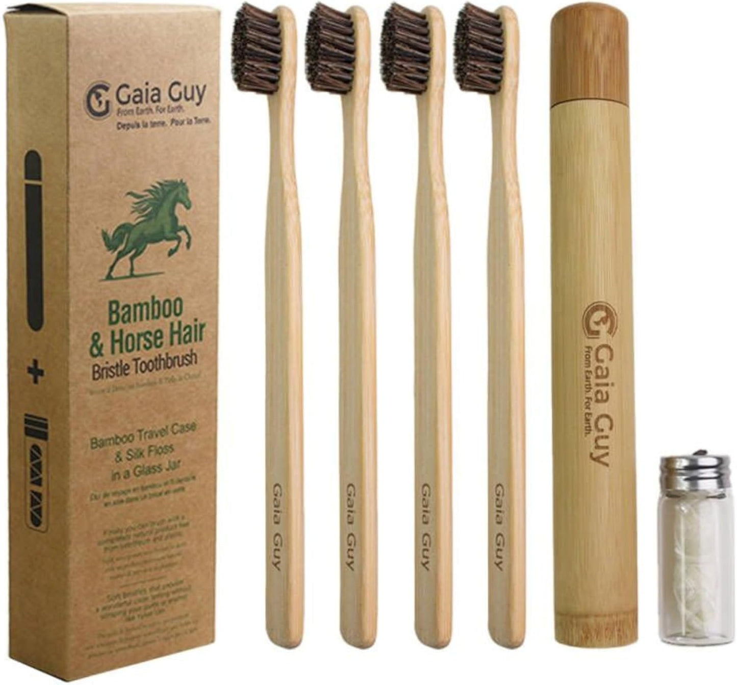 Gaia Guy Bamboo and Horsehair Bristle Toothbrush (4 Pack) + Travel Case & Silk Dental Floss | 100% Compostable Bristles and Floss | Eco-Friendly Dental Set | Biodegradable Wooden Toothbrushes