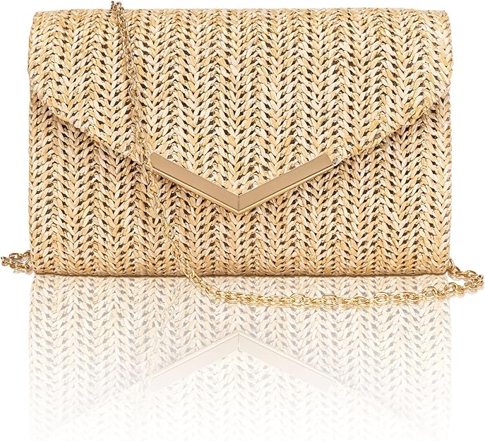Larcenciel Straw Purse for Women, Summer Woven Beach Purse Trendy with Chain Strap, Boho Envelope Evening Clutch Handbag, Brown Crossbody Shoulder Party Bag for Wedding, Prom, Cocktail Night, Vacation - PuriLite