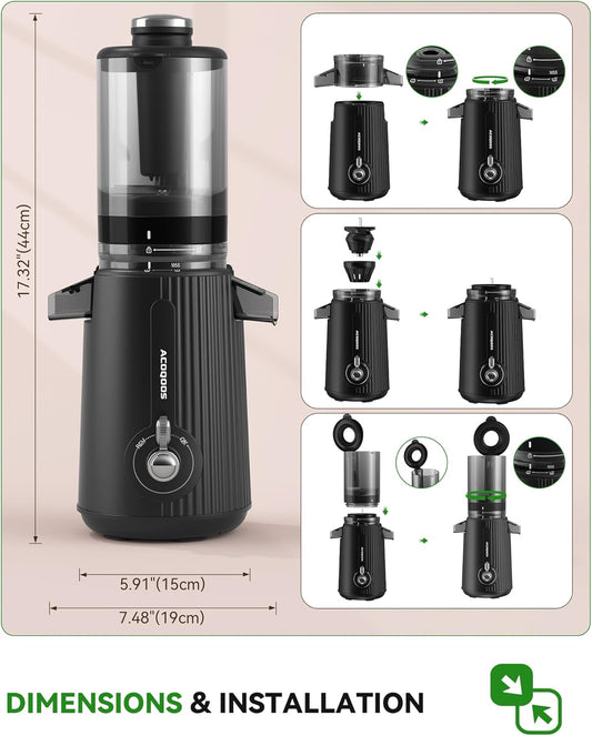 ACOQOOS Juicer Machines, Cold Press Juicer Whole Fruit and Vegetable with 4.3" Feeding Chute, Easy to Clean Juicers with 2 Cups, Masticating Juicer Black