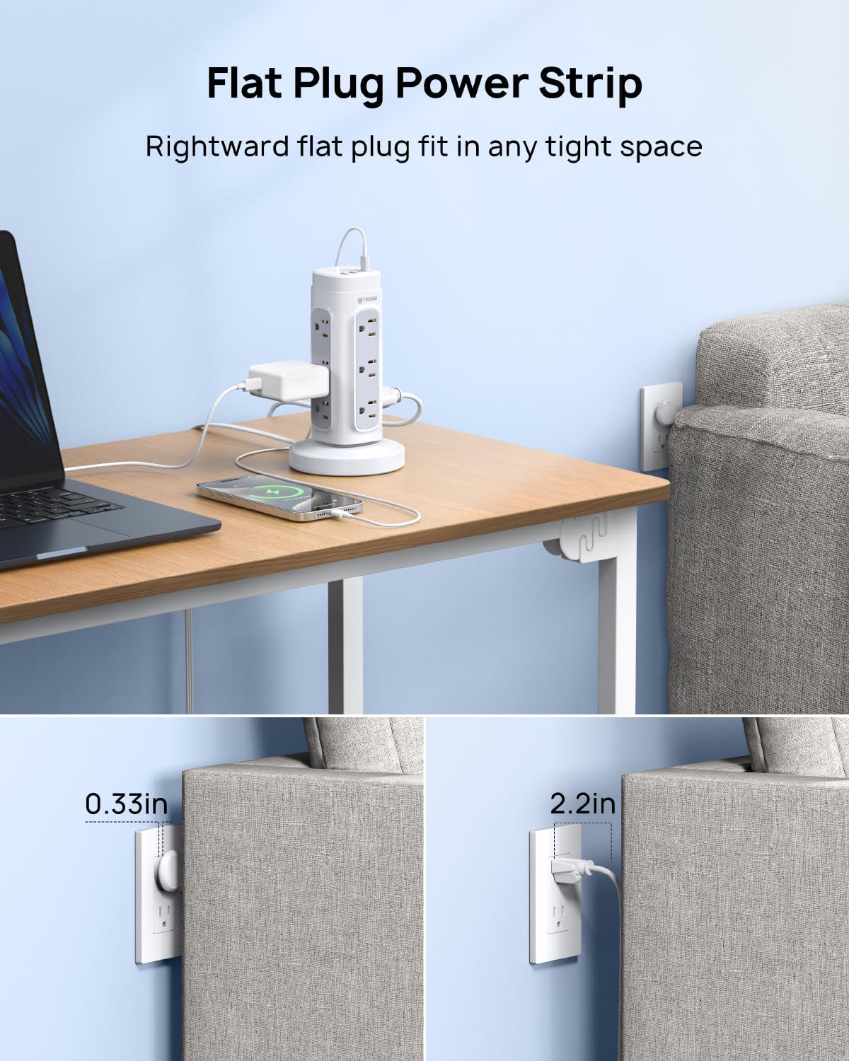 TROND Tower Power Bar Surge Protector with PD 20W USB C, 5ft Retractable Flat Plug Extension Cord Indoor, 12 Widely Spaced Outlets, Vertical Charging Station, Home Office Dorm Room Essentials, White