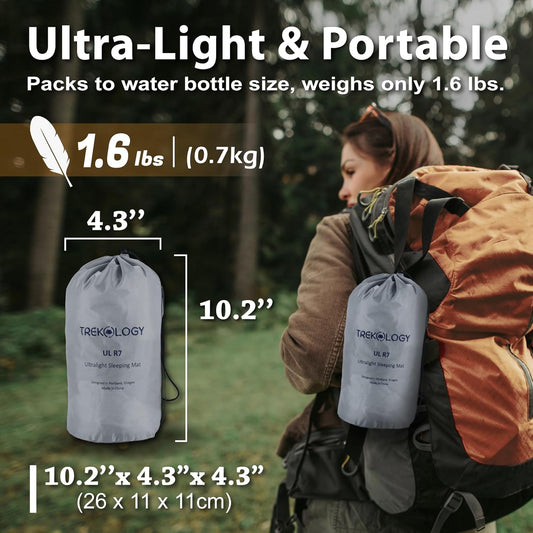 TREKOLOGY UL R7 Ultralight Sleeping Pad – R-Value 7.2, Insulated Camping Mattress for 4-Season Comfort, Inflatable Sleeping Pad for Backpacking, Hiking, Winter Camping, Compact & Lightweight Sleep Mat - PuriLite