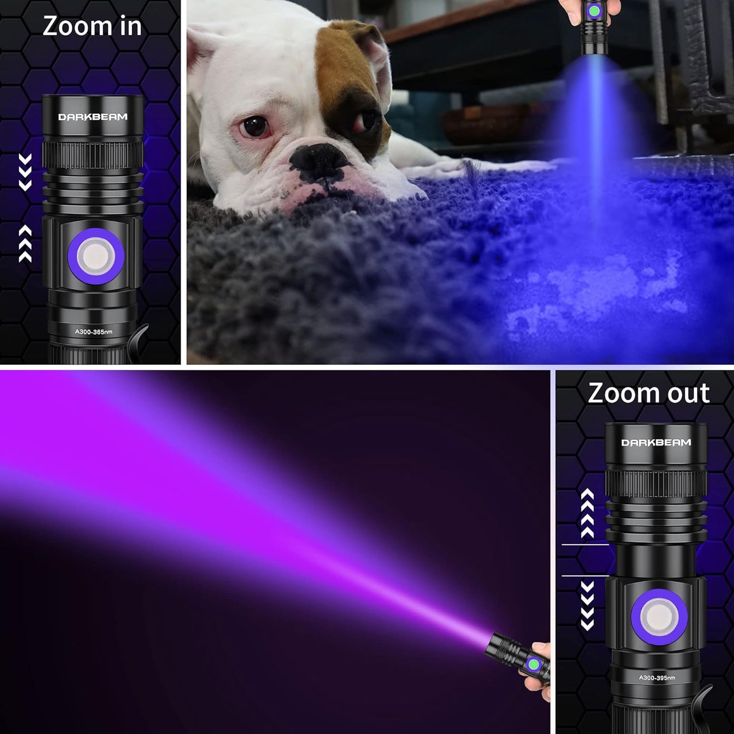 DARKBEAM UV Flashlight 365nm & 395nm Blacklight Rechargeable USB, Wood’s Lamp Ultraviolet Black Light LED Portable with Clip - Detector for Pet Cat Urine, Stains, Resin Curing, Uranium Glass, 2 Pack