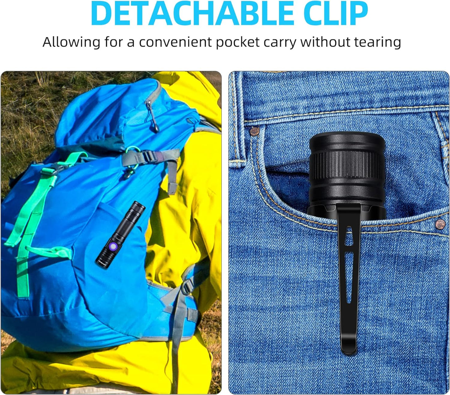 DARKBEAM UV Flashlight 365nm & 395nm Blacklight Rechargeable USB, Wood’s Lamp Ultraviolet Black Light LED Portable with Clip - Detector for Pet Cat Urine, Stains, Resin Curing, Uranium Glass, 2 Pack