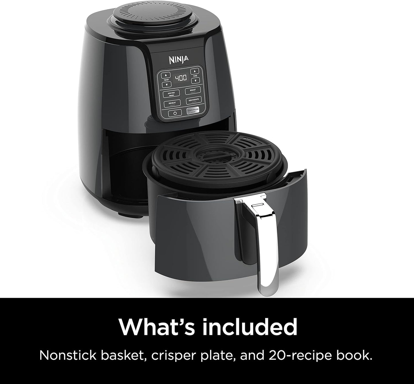 Ninja Air Fryer, 1550-Watt Programmable Base for Air Frying, Roasting, Reheating & Dehydrating with 4-Quart Ceramic Coated Basket (AF101), Black/Gray