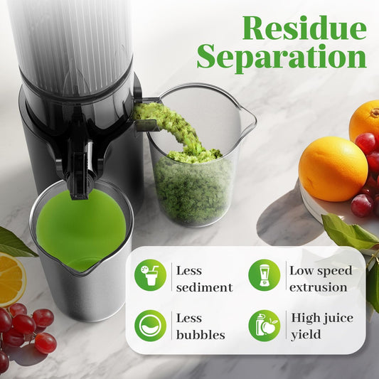 Masticating Juicer, 350W Slow Cold Press Juicer with 5.3" Larger Feed Chute, Pure Juicer Machines for Whole Vegetables & Fruits, Easy to Clean with Brush - PuriLite