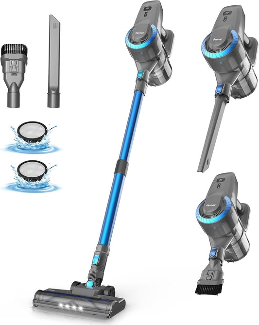 DEVOAC N300 Cordless Vacuum Cleaner, 6 in 1 Lightweight Stick Vacuum, 2200mAh Battery Up to 40mins Runtime, Powerful Handheld Vacuum for Hard Floor Rug Pet Hair Home Dorm (Blue)