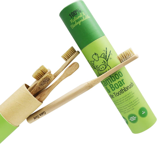 Natural Bristle Bamboo Toothbrush (NO Nylon - Boar Hair ONLY) - Totally Compostable & Biodegradable Boar Bristle and Bamboo Toothbrushes - Zero Waste - PuriLite