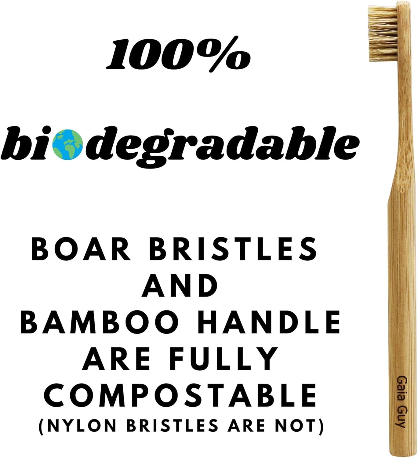 Natural Bristle Bamboo Toothbrush (NO Nylon - Boar Hair ONLY) - Totally Compostable & Biodegradable Boar Bristle and Bamboo Toothbrushes - Zero Waste