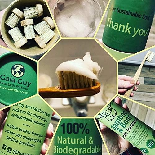 Natural Bristle Bamboo Toothbrush (NO Nylon - Boar Hair ONLY) - Totally Compostable & Biodegradable Boar Bristle and Bamboo Toothbrushes - Zero Waste