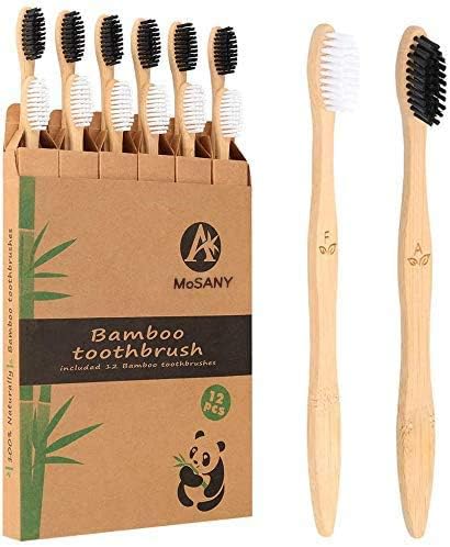 12 pack Bamboo Toothbrushes, Biodegradable Bamboo Toothbrush, BPA Free Soft Bristles Toothbrushes, Eco-Friendly Compostable Natural Wooden Toothbrush, Organic Charcoal Wood ToothBrushes (Black + White)
