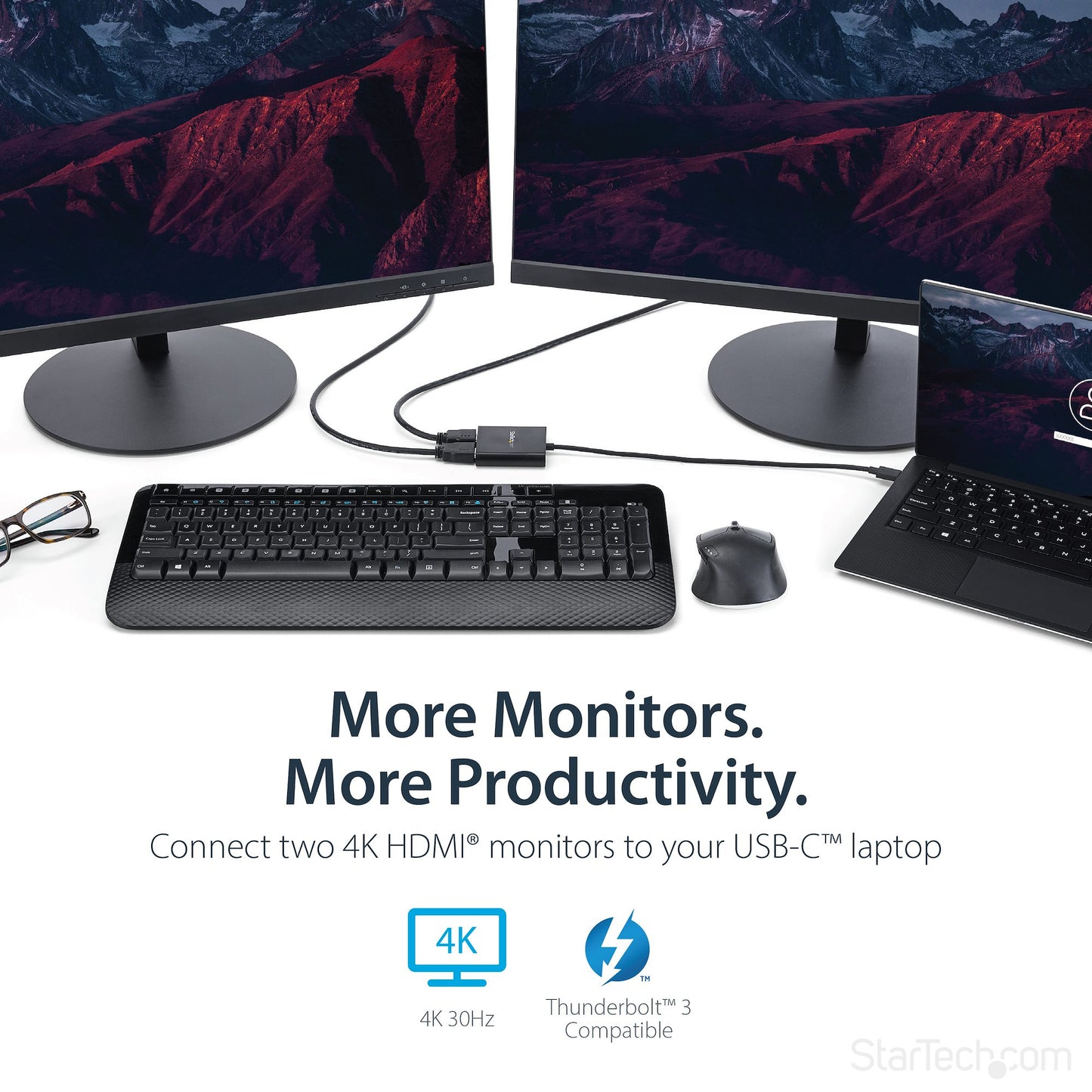 USB-C to Dual HDMI Adapter, USB Type-C Multi-Monitor MST Hub, Dual 4K 30Hz HDMI Laptop Display Extender / Splitter, HDR, Extra-Long Built-In Cable - Windows Only