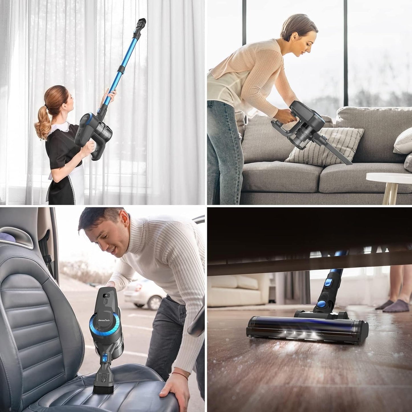DEVOAC N300 Cordless Vacuum Cleaner, 6 in 1 Lightweight Stick Vacuum, 2200mAh Battery Up to 40mins Runtime, Powerful Handheld Vacuum for Hard Floor Rug Pet Hair Home Dorm (Blue)