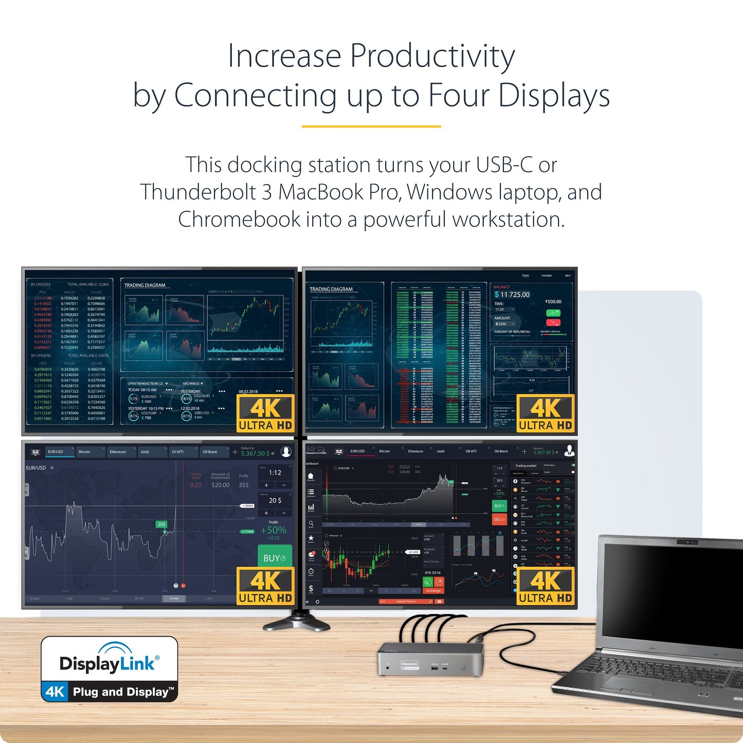 USB C Dock - 4K 60Hz Quad Monitor DisplayPort & HDMI - Universal USB-C Docking Station with 100W Power Delivery - USB Hub with 1x USB Type-C & 3x USB-A, Ethernet, Audio