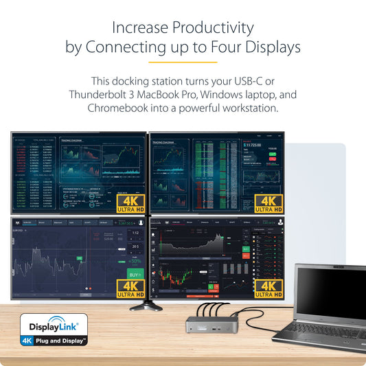 USB C Dock - 4K 60Hz Quad Monitor DisplayPort & HDMI - Universal USB-C Docking Station with 100W Power Delivery - USB Hub with 1x USB Type-C & 3x USB-A, Ethernet, Audio - PuriLite